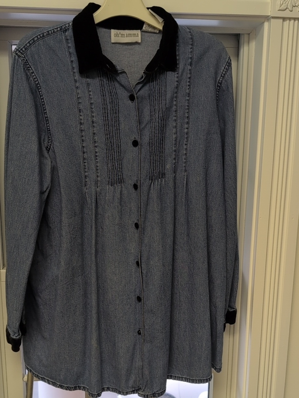 Oh! Mamma A Maturity Blue Denim Tunic with Black Velvet Trim.  Size medium